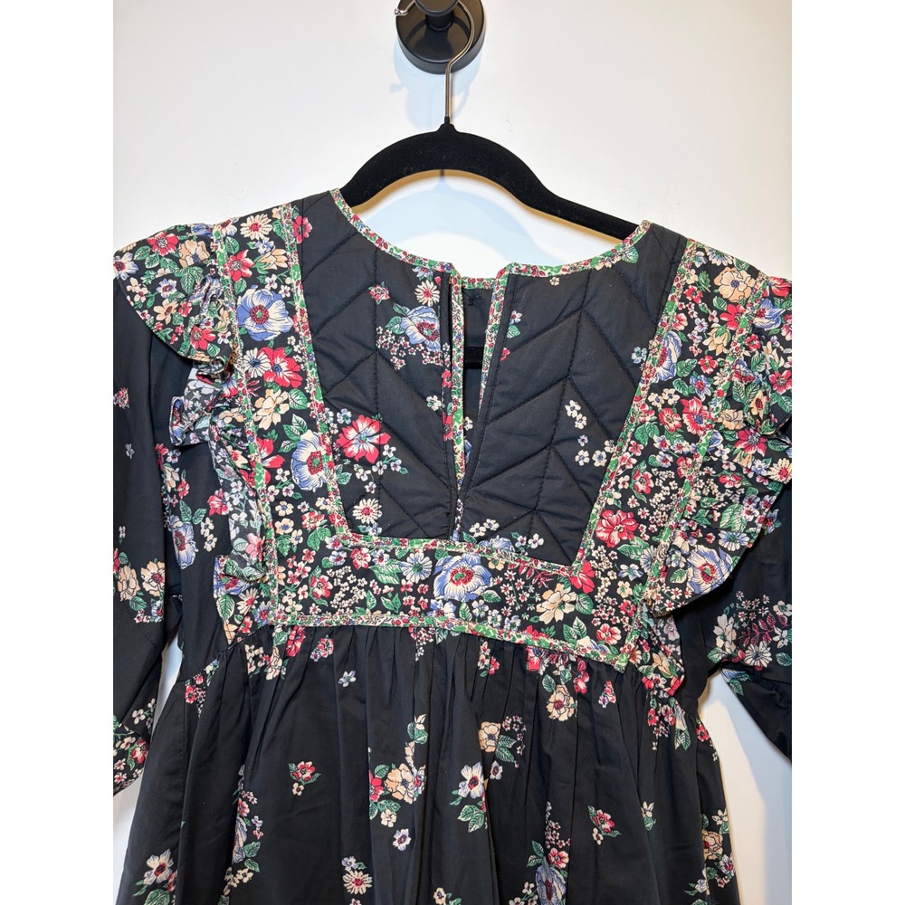 Hunter Bell New York Floral Quilted Ruffle Mini Dress Black Cotton XS - Picture 3 of 10